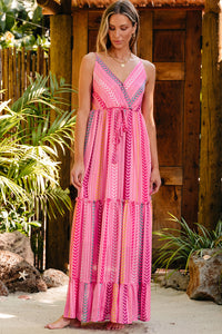 Pink Western Printed Tassel Tie V Neck Wrap Maxi Dress | Dresses/Maxi Dresses