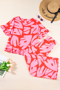 Strawberry Pink Abstract Printed Ruffled Top Wide Leg Pants Set