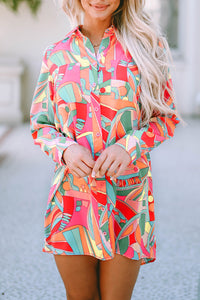 Long Sleeve Shirt Dress | Multi-Color Geometric Abstract Print