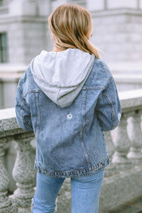 Sky Blue Rhinestone Fringed Hooded Denim Jacket