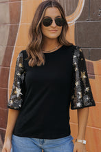 Load image into Gallery viewer, Sequin Top | Black Star Splicing Half Sleeve Top
