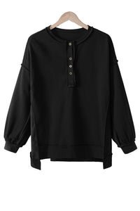 Black Oversized Exposed Seam Henley Sweatshirt | Tops/Sweatshirts & Hoodies