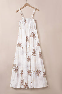 White Tropical Print Smocked Ruffled Straps Maxi Dress