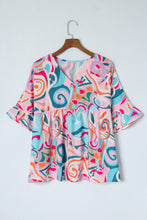 Load image into Gallery viewer, Sky Blue Abstract Print Ruffle V Neck Blouse | Tops/Blouses &amp; Shirts
