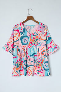 Sky Blue Abstract Print Ruffle V Neck Blouse | Tops/Blouses & Shirts