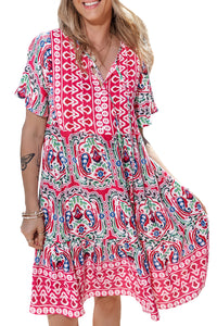 Pink Bohemian Print Tie Neck Ruffle Hem Short Dress | Dresses/Mini Dresses