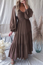 Load image into Gallery viewer, Maxi Dress | Brown V Neck Bow-Knot Cutout Frill Dress
