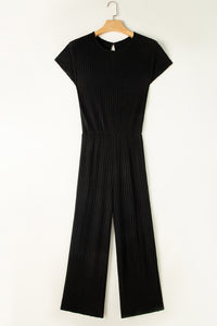 Wide Leg Jumpsuit | Black Solid Color Ribbed Short Sleeve