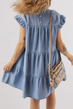 Load image into Gallery viewer, Denim Dress | Blue Ruffle Short Sleeve Tiered A-line Dress
