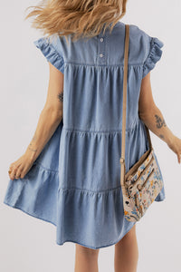 Denim Dress | Blue Ruffle Short Sleeve Tiered A-line Dress