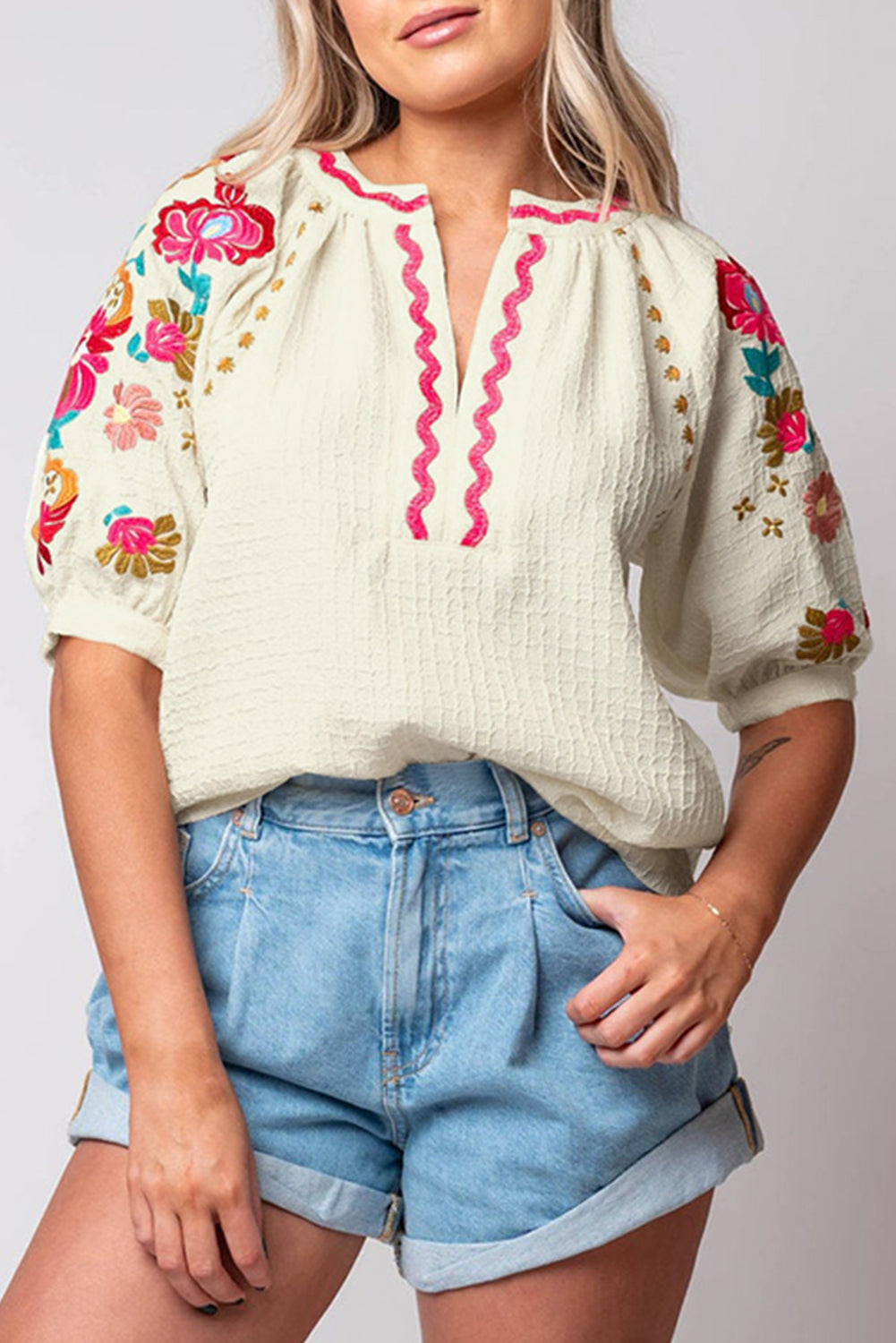 Puff Sleeve Blouse | Beige Floral Embroidered Top