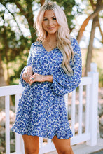 Load image into Gallery viewer, Blue Sky Blue/Blue/Apricot V Neck Lantern Sleeves Floral Tunic Dress | Dresses/Floral Dresses
