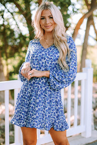 Blue Sky Blue/Blue/Apricot V Neck Lantern Sleeves Floral Tunic Dress | Dresses/Floral Dresses