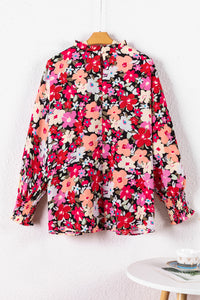 Rose Printed Frilled Neck Shirred Bracelet Sleeve Floral Blouse | Tops/Blouses & Shirts