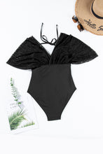 Load image into Gallery viewer, Black Lace Patchwork Short Sleeve Surplice Neck Monokini
