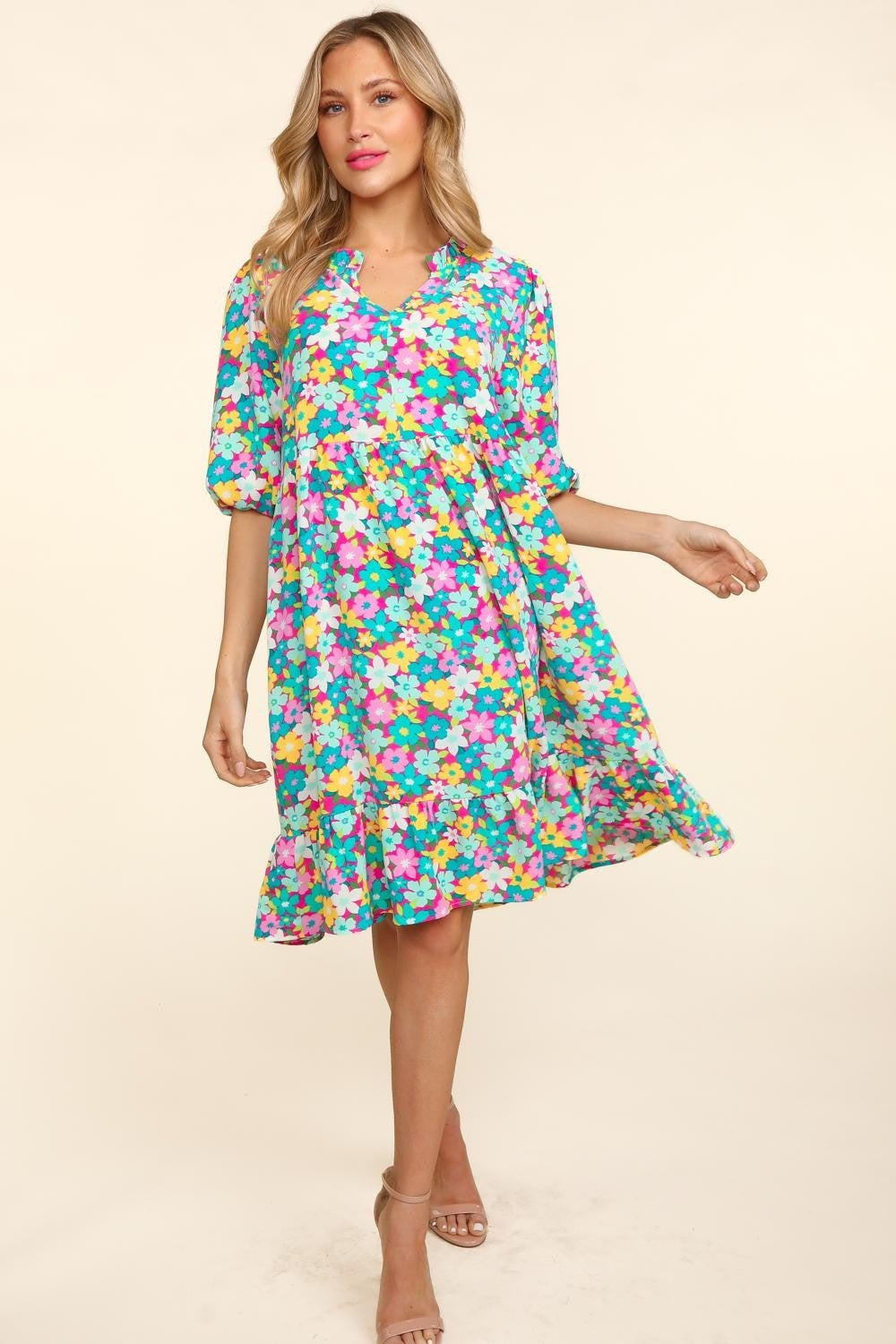 Bubble Sleeve Dress | Floral Ruffled Mini Dress