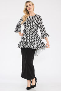 High-Low Top | Full Size Hounds-Tooth Flounce Sleeve