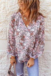 Multicolor Floral Print V Neck Long Puff Sleeve Top