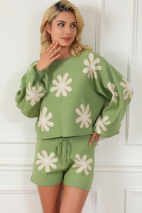 Floral Green Shorts Set | Flower Bubble Sleeve Sweater Shorts Set