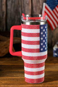 Red Rhinestone American Flag Print Handled 40oz Thermos Tumbler | Accessories/Tumblers