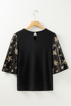 Load image into Gallery viewer, Sequin Top | Black Star Splicing Half Sleeve Top
