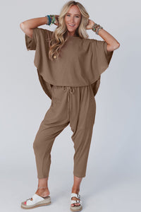 Crop Pants Set | Taupe High Low Boxy Fit Tee and Pants