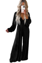 Load image into Gallery viewer, Black Cutout Back Belted V Neck Wide Leg Jumpsuit | Bottoms/Jumpsuits &amp; Rompers
