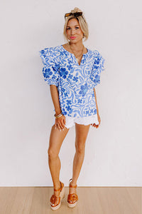 Dark Blue Floral Print Ruffled Bubble Sleeve Blouse