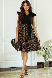 Leopard Print Dress | Black Flutter Sleeve Bodice Splicing