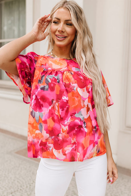 Fiery Red Floral Print Wide Sleeve Blouse | Tops/Blouses & Shirts