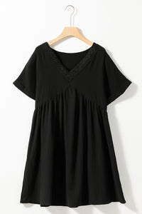 Black Folded Short Sleeve Lace V Neck Mini Dress | Dresses/Mini Dresses