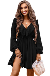 Mini Dress | Black Textured Ruffled V Neck High Waist