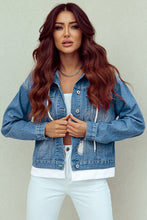 Load image into Gallery viewer, Sky Blue Distressed Contrast Hooded Denim Jacket with Pockets | Outerwear/Denim jackets
