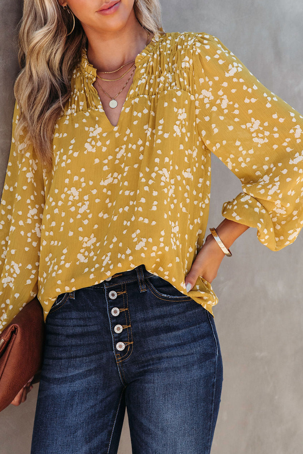 Yellow Split Neck Fall Printed Crinkled Blouse | Tops/Blouses & Shirts