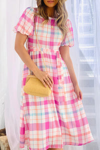 Puff Sleeve Midi Dress | Pink Checkered Belted Midi Dress