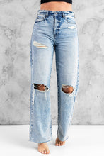 Load image into Gallery viewer, Sky Blue Distressed Hollow-out Knees Wide Leg Jeans | Bottoms/Jeans
