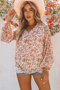 Orange Floral Print V Neck Long Puff Sleeve Top | Tops/Blouses & Shirts