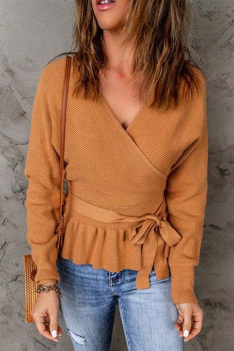 Brown Rib Knit Surplice Neck Belted Peplum Sweater | Tops/Sweaters & Cardigans