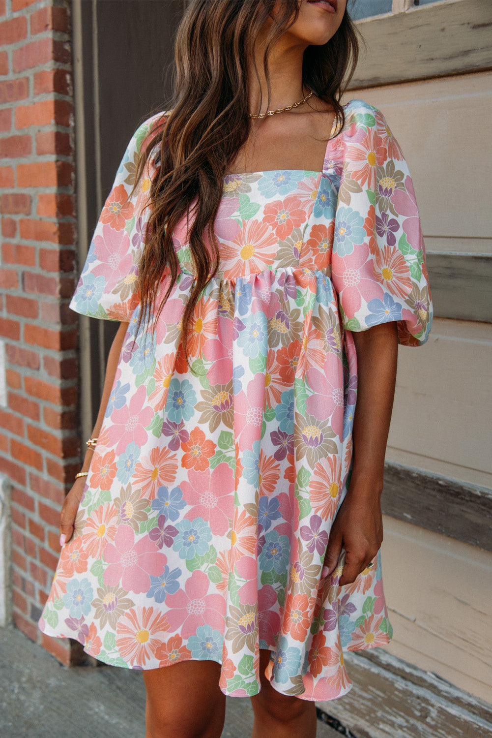 Pink Summer Floral Square Neck Puff Sleeve Babydoll Dress | Dresses/Floral Dresses