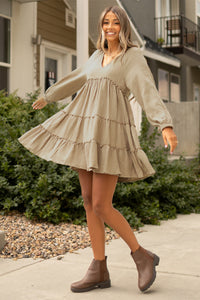 Pale Khaki Cotton Crepe V Neck Frill Tiered Mini Dress | Dresses/Mini Dresses