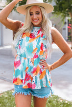 Load image into Gallery viewer, Tank Top | Sky Blue Brush Print Ruffle Trim Peplum
