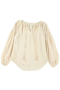 Drawstring Blouse | Apricot Lantern Sleeve Stripe Tassel