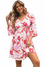 Load image into Gallery viewer, Orange V Neck 3/4 Sleeve Floral Dress | Dresses/Floral Dresses
