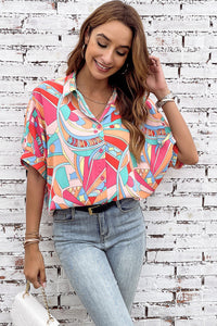 Multicolor Abstract Geometry Print Half Puff Sleeve Loose Shirt | Tops/Blouses & Shirts