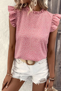 Pink Polka Dots Ruffle Flutter Sleeve Frilled Neck Blouse | Tops/Blouses & Shirts