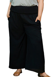 Black Shirred High Waist Plus Size Wide Leg Pants | Plus Size/Plus Size Bottoms