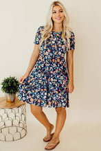 Load image into Gallery viewer, Blue Short Sleeve A-line Floral Dress | Dresses/Floral Dresses
