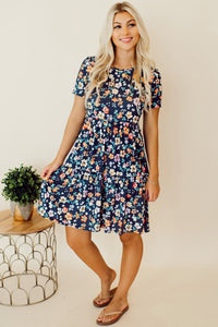 Blue Short Sleeve A-line Floral Dress | Dresses/Floral Dresses