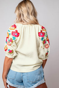 Puff Sleeve Blouse | Beige Floral Embroidered Top