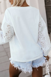 Puff Sleeve Top | White V-neck Embroidered Patchwork